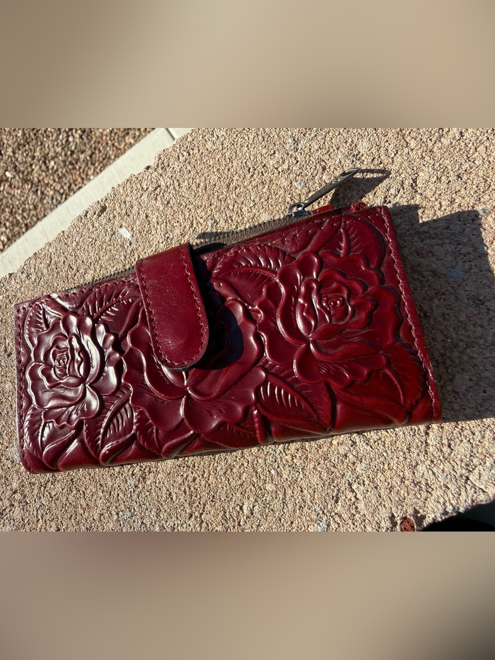 Patricia Nash Nazari Rose Tooled Leather Wallet – Ruby Red, Hand‑Tooled Floral